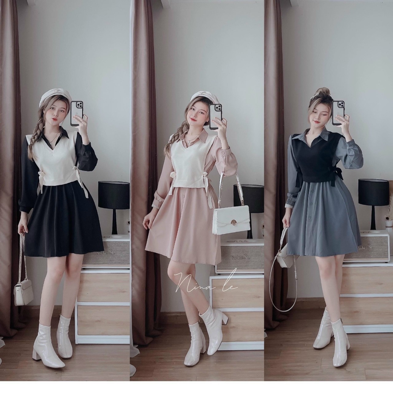 Đầm sơ mi tay dài cài nút kèm áo khoác cột nơ eo 2 bên kiểu dáng xinh xắn dễ thương