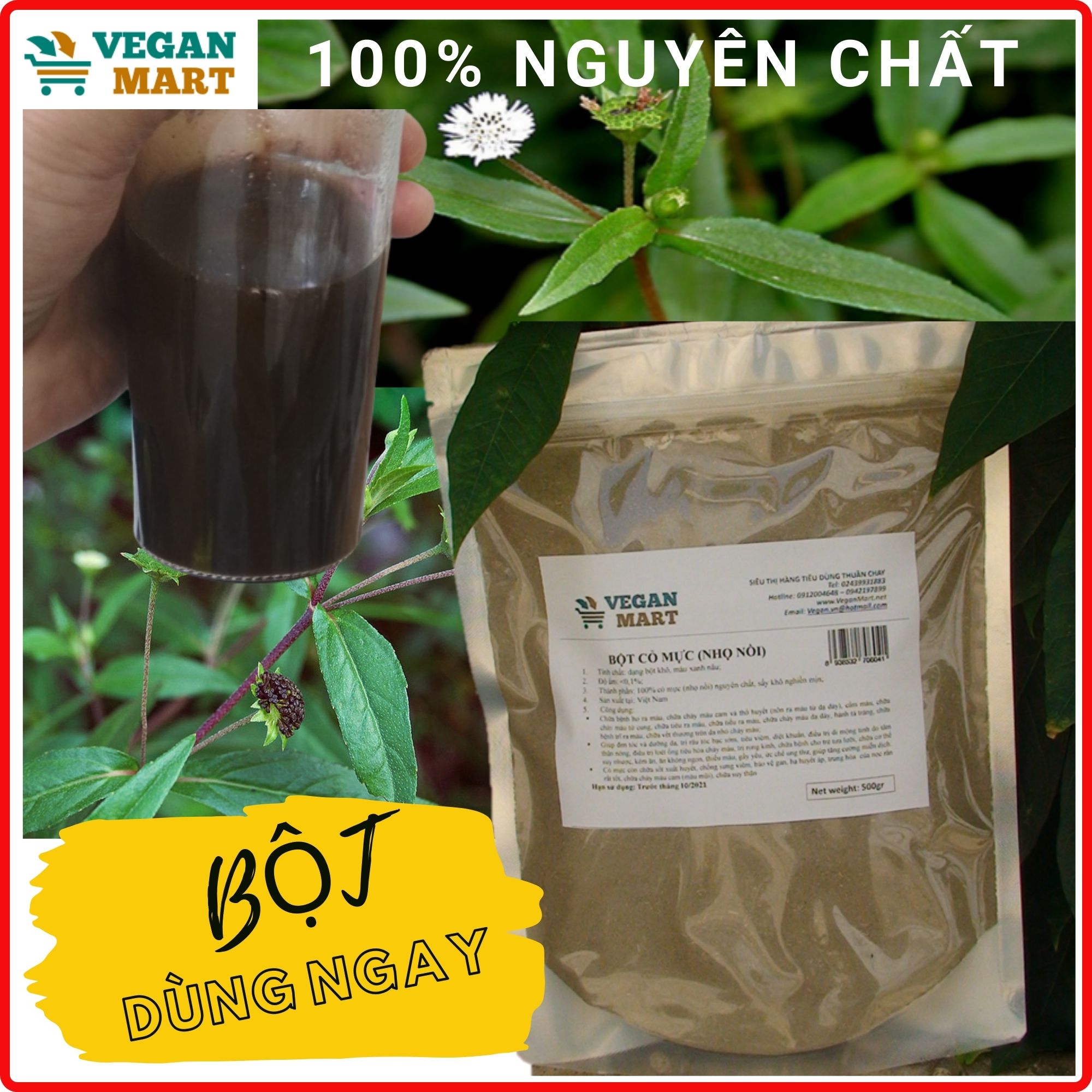 [100% HOẠT CHẤT] Bột lá cây nhọ nồi - cỏ mực, đun sôi uống ngay, cầm máu tức thì, xử lý tóc bạc, suy thận, dễ sử dụng không cần sắc lâu Vegan Mart, 500gr