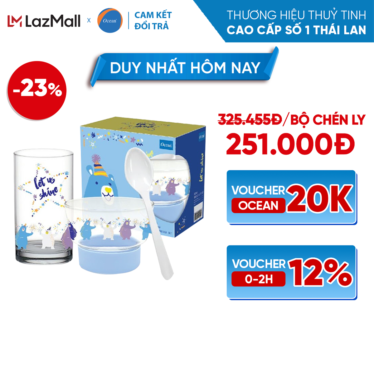 Bộ chén và ly thủy tinh Ocean Bear