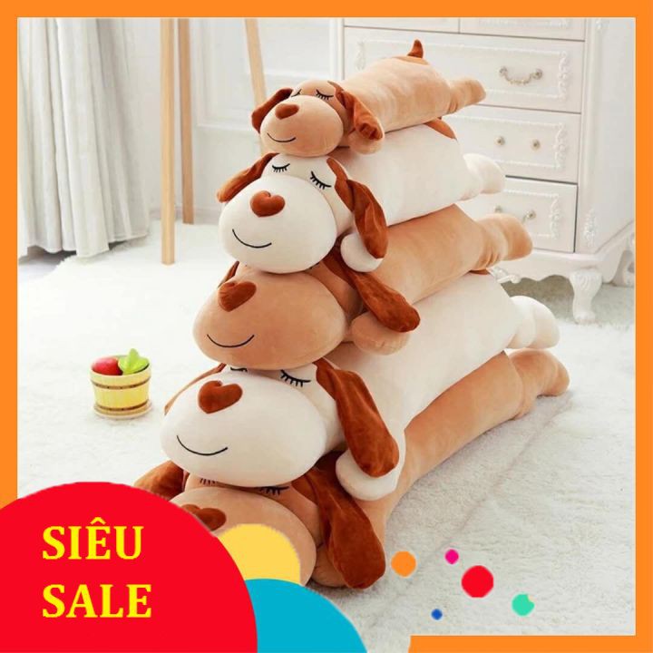 Chó bông nằm dài mũi tim - gấu bông chó gối ôm thú nhồi - màu nâu, ruột nhồi 100% bông gòn trắng