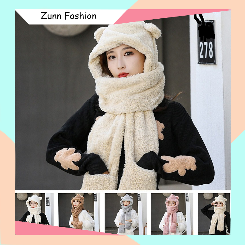 Mũ len lông cừu liền khăn có găng tay tai gấu siêu ấm 3 trong 1 M02
