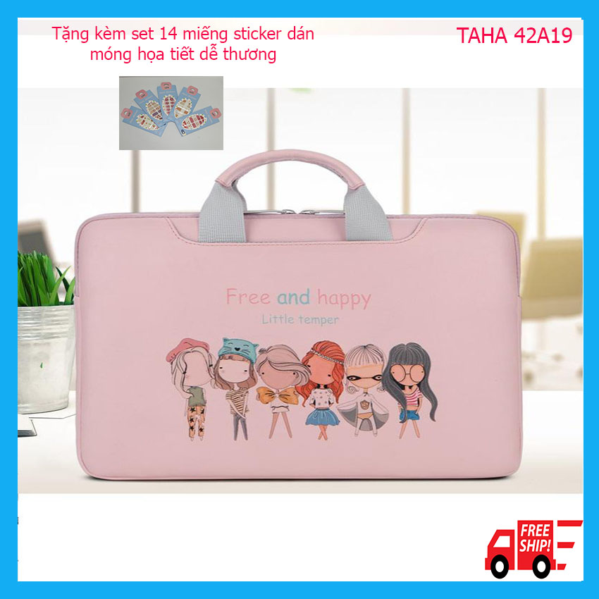 Túi đựng Laptop in hình dễ thương 14inch LT02 TAHA 42A19 Tặng kèm 14 miếng dán móng sticker họa tiết, chống sốc - chống nước - siêu nhẹ