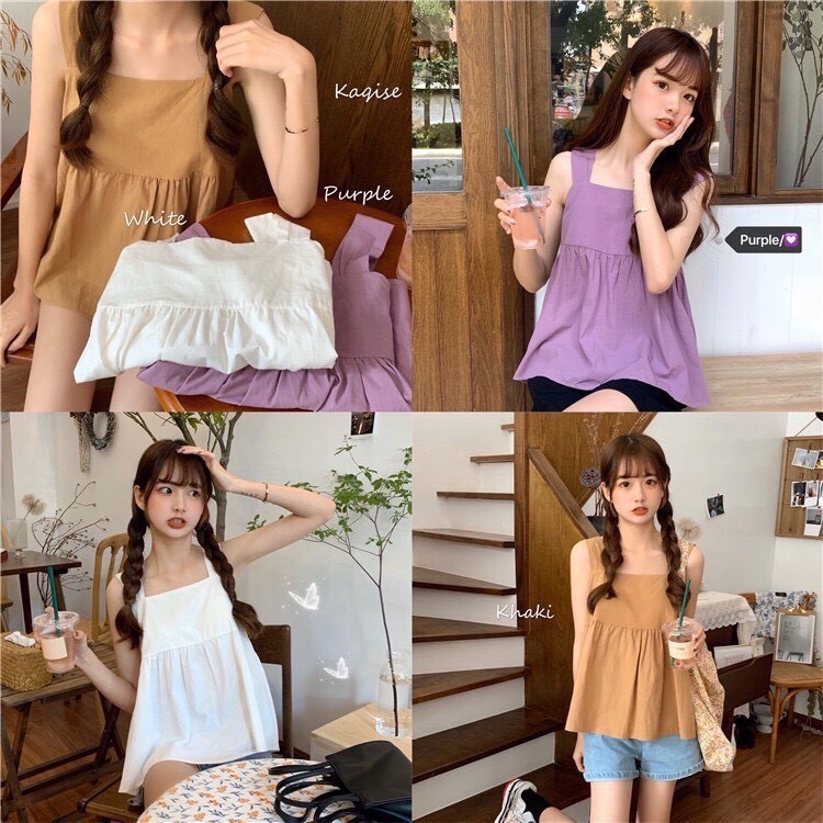 Váy 2 dây chất đũi kiểu dáng baby doll thắt nơ sau lưng dễ thương, cá tính