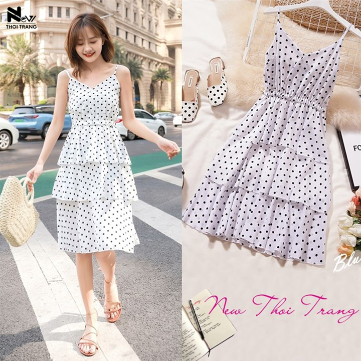 [HCM]Đầm 2 Dây Chấm Bi Xếp Tầng - New Thoi Trang