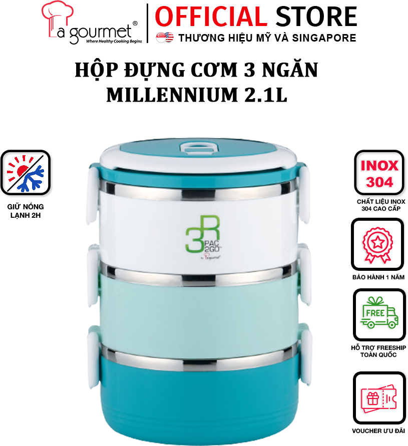 Camen đựng cơm La gourmet Millennium PAC2GO 3 ngăn 2.1L (Xanh/trắng) Inox 304 cao cấp chính hãng- 357120