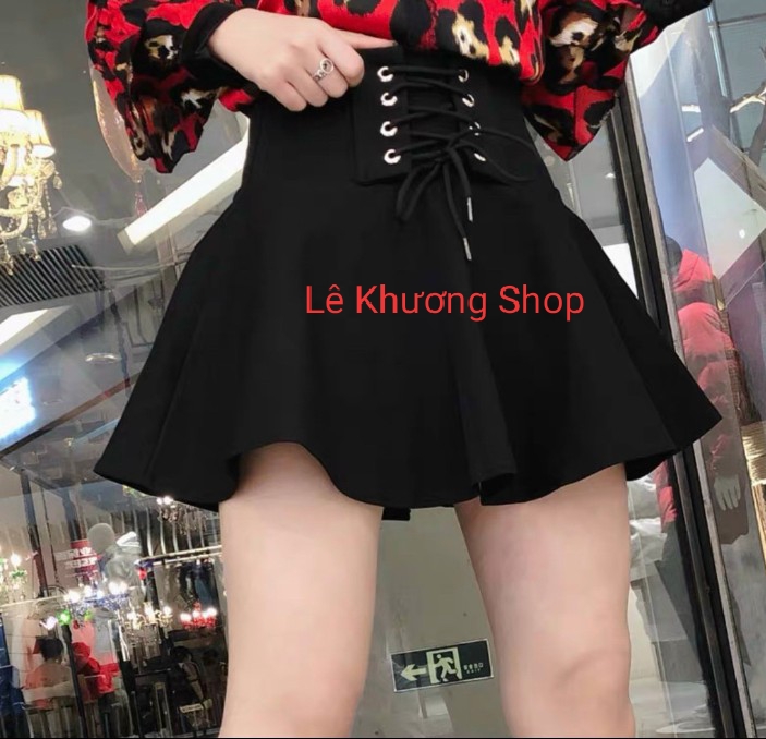 [HCM]Chân váy đan dây trước bụng dáng ngắn xòe có quần trong hàng y hình kèm ảnh thật( free size từ 40-53kg)