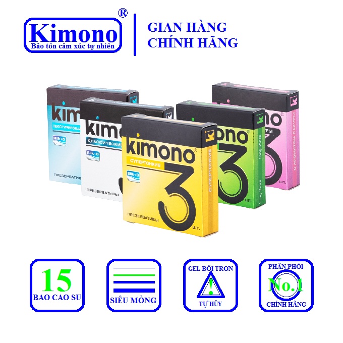 Bộ 5 thăng hoa - bao cao su kimono 0.02 vàng 3 bao + bao cao su kimono 0.03 3 bao + bao cao su kimono 0.04 gai 3 bao + bao cao su kimono 0.04 saku 3 bao + bao cao su kimono 0.04 trắng 3 bao