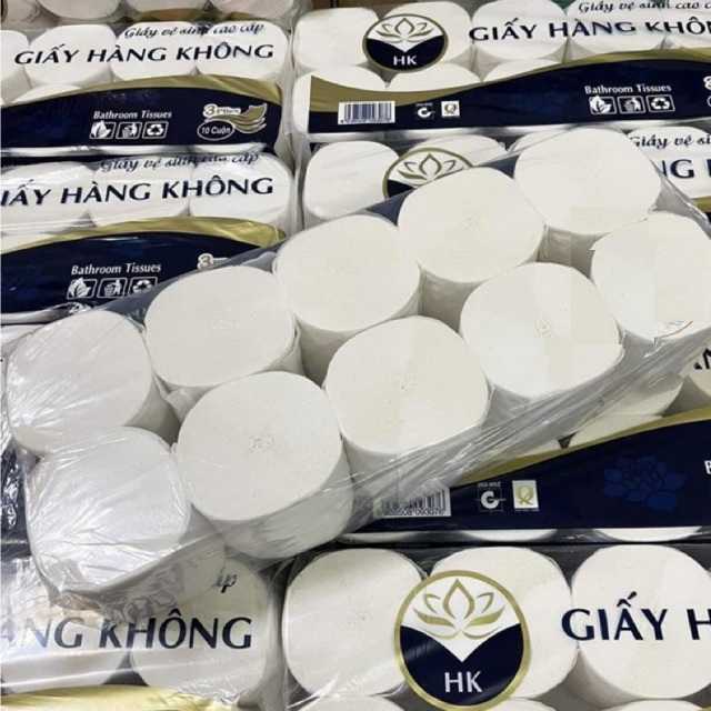 Lốc 10 cuộn giấy vệ sinh hàng không, 4 lớp, giấy dày, mềm mịn, không lõi, 1 cuộn chắc tay lên tới 350 tờ, bột giấy nguyên chất, giấy loại 1, giá siêu sỉ.
