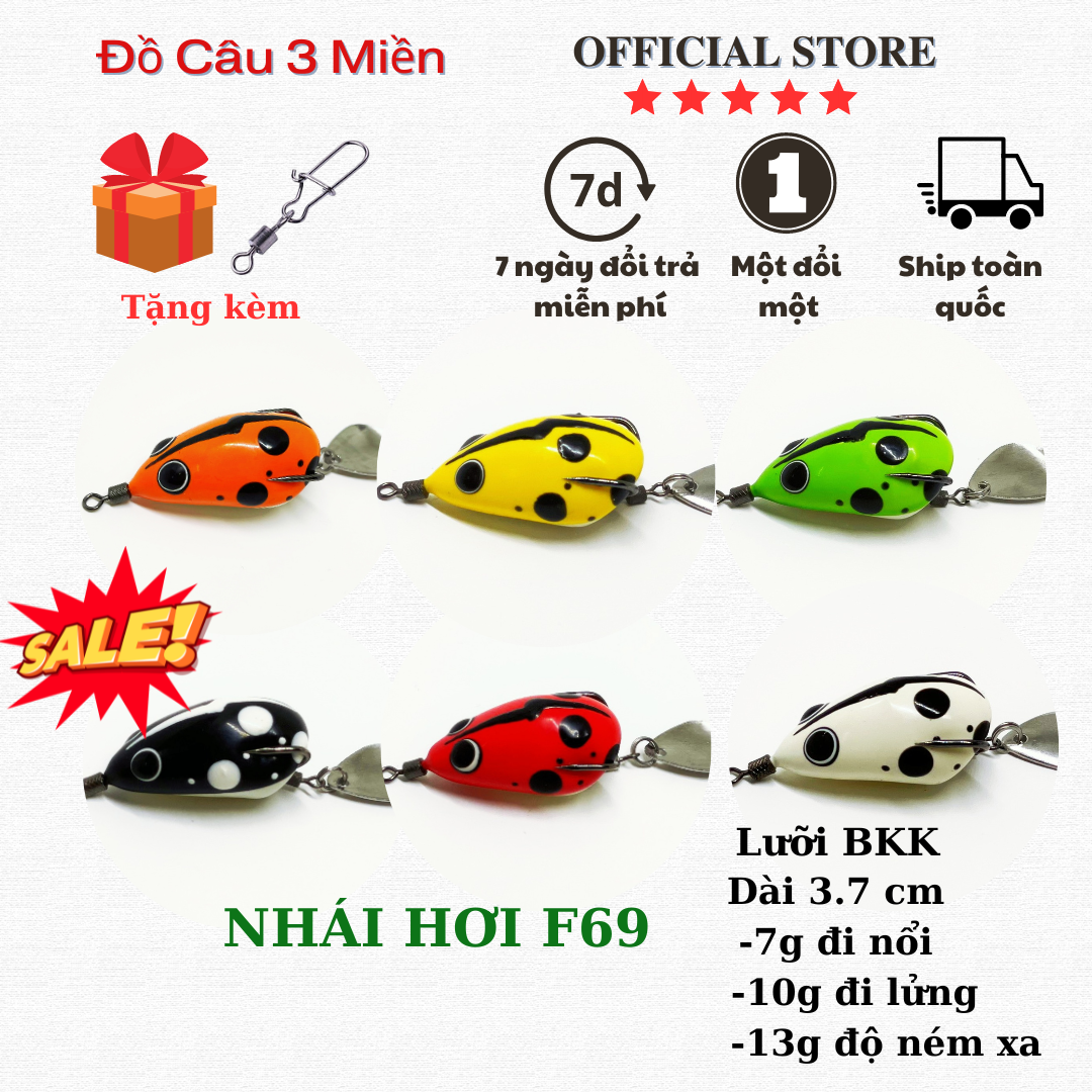 Mồi nhái hơi F69 lưỡi BKK , Mồi câu cá lóc, chẽm, trê, vược.... mồi câu lure siêu nhạy