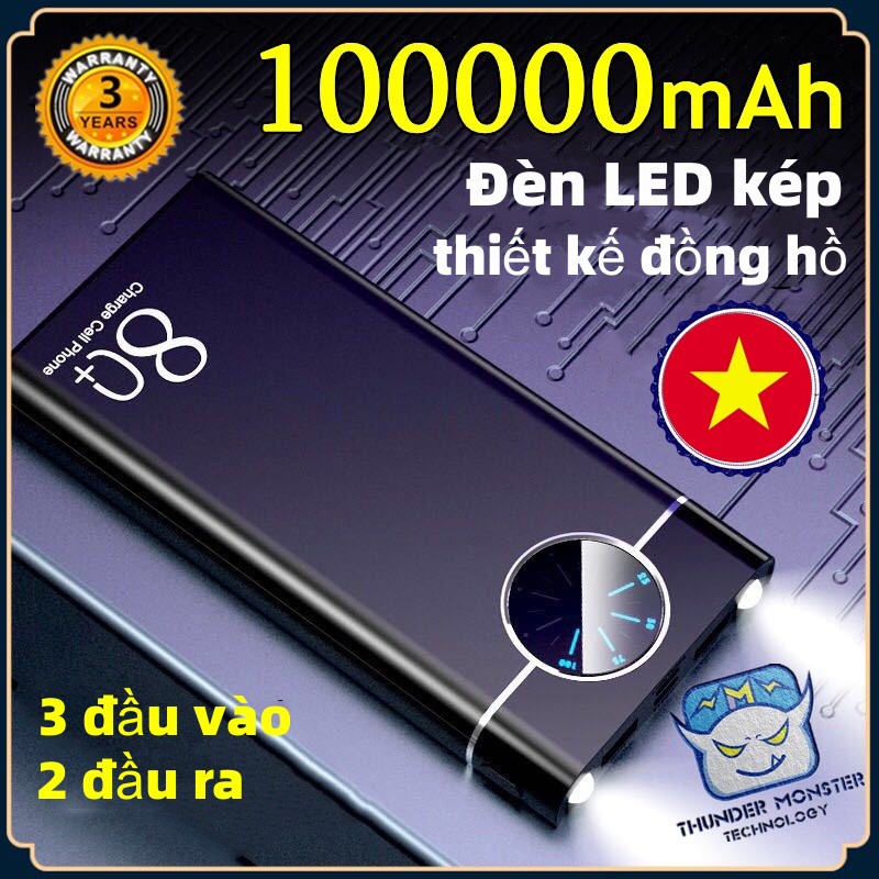 Sạc Dự Phòng Powerbank 100000MAh Đèn LED Kép Chính Hãng  2 Đầu Ra 3 Đầu Vào Đồng Hồ Hiển Thị Kỹ Thuật Số Dung Lượng Lớn