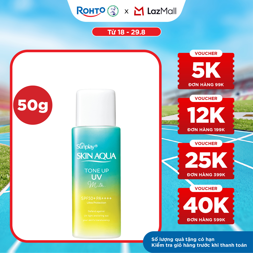 Kem chống nắng nâng tông Skin Aqua Tone up  Mint Green cho da trắng có khuyết điểm đỏ, dạng sữa Sunplay Skin Aqua Tone Up UV Milk Mint Green SPF 50+ PA++++ 50g