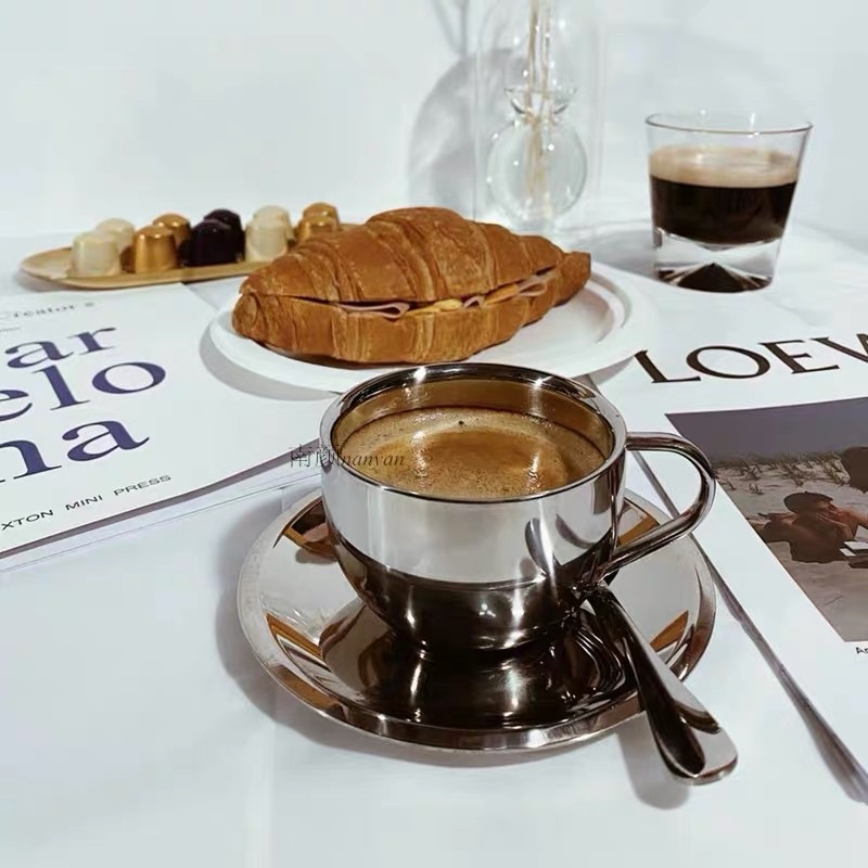 Bộ cốc đĩa bằng thép chống rỉ uống trà cafe -may.decor-