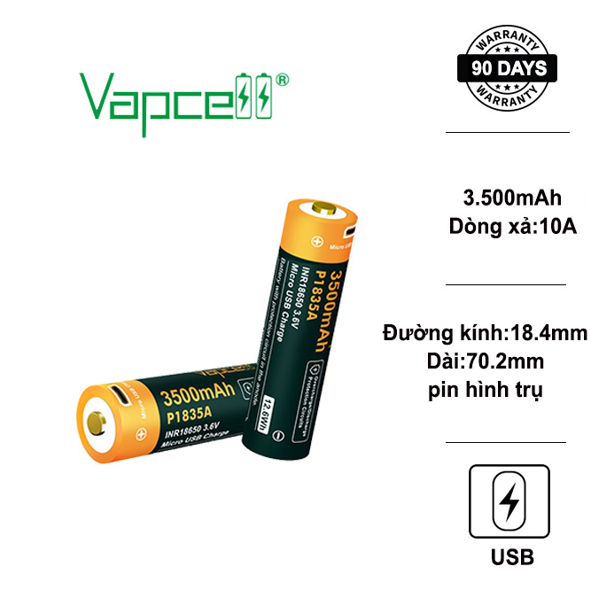 VAPCELL P1835A Pin sạc Li-ion 18650 dung lượng 3500mAH dòng xả 10A có cổng sạc USB