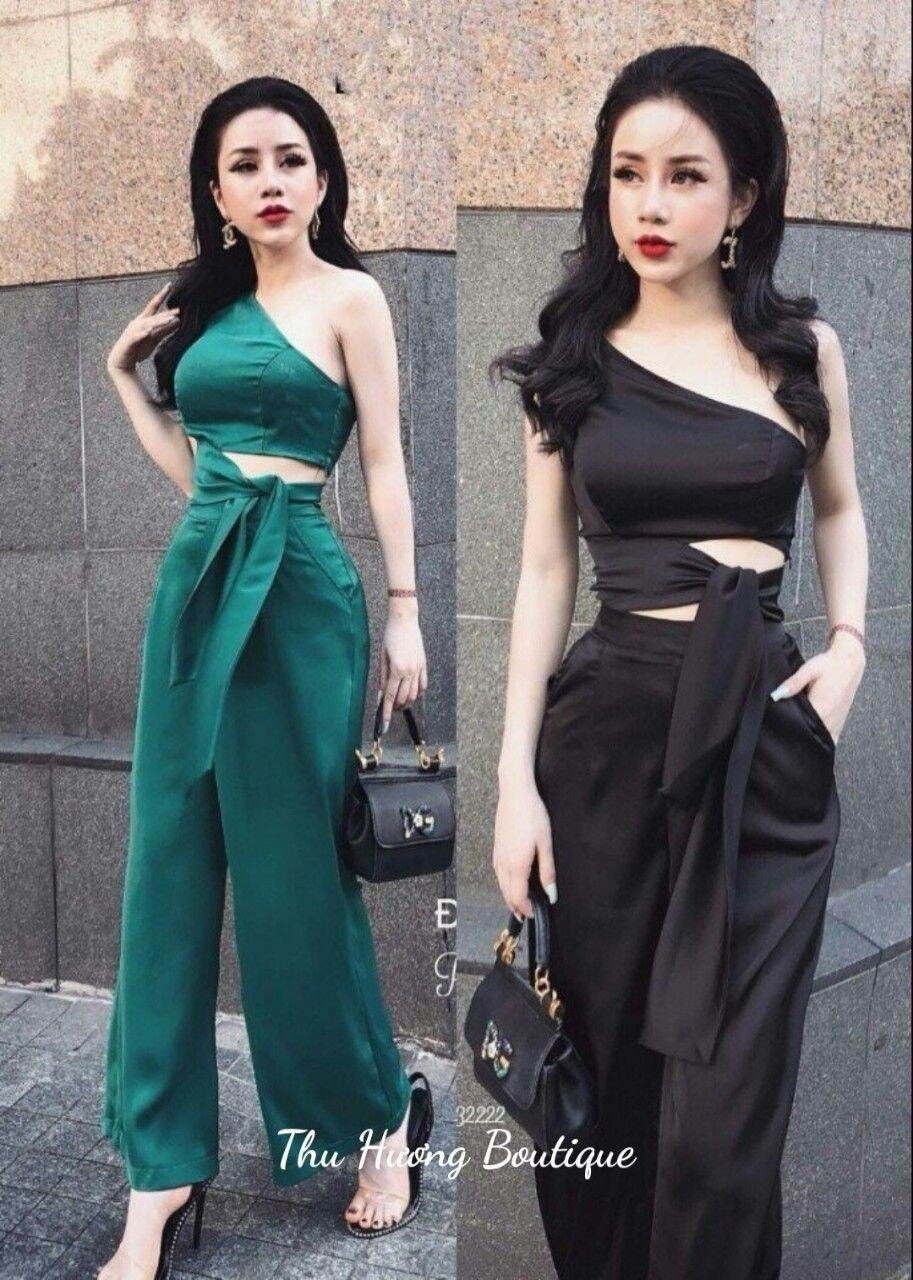 [MÃ LAZADAFAHB01 - GIẢM 30K ĐƠN 100K] Sét bộ quần ống xuông lụa phối áo lệch vai , sét bộ đi chơi đẹp .