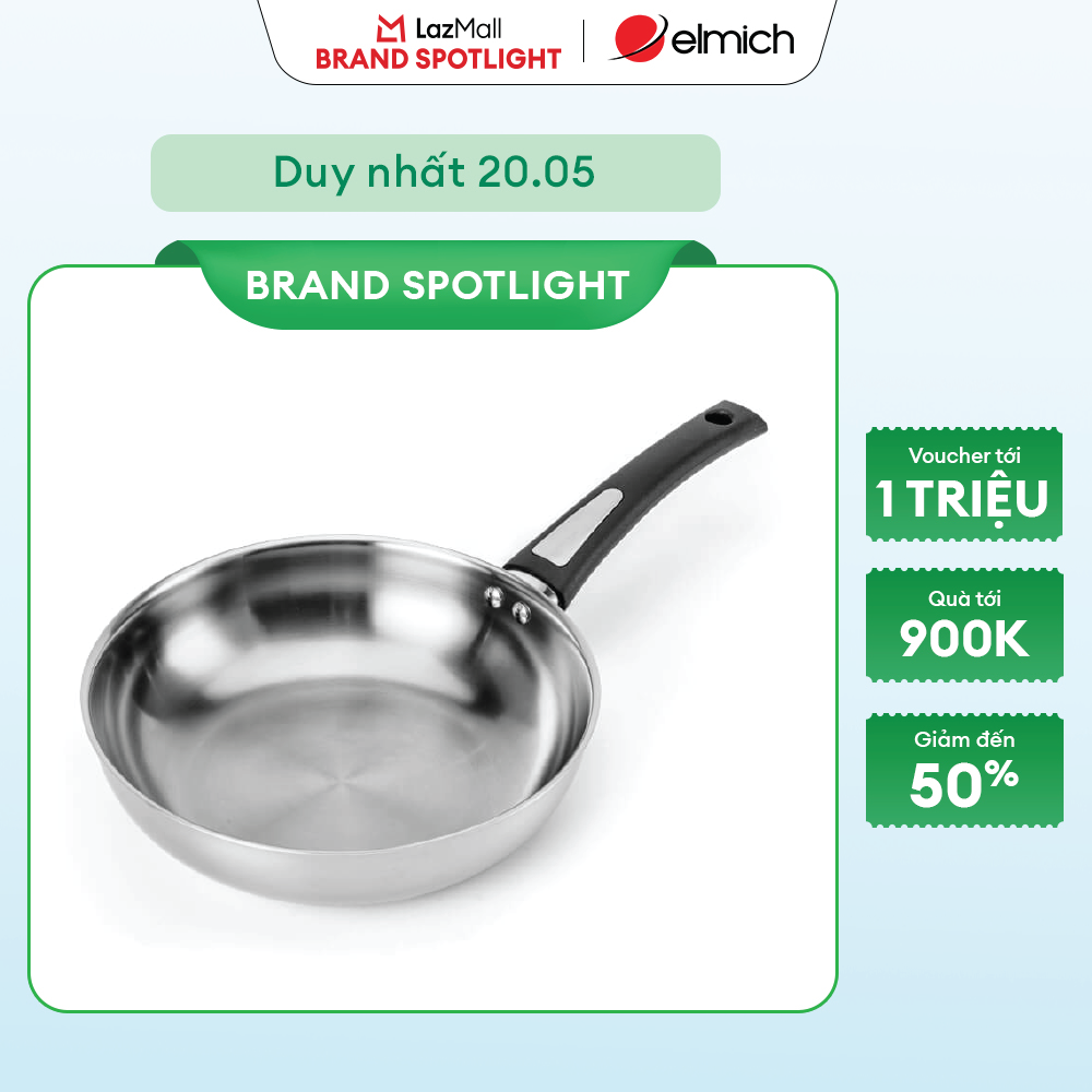 (MEGA 6.6)Chảo xào sâu lòng inox 304 trimax 3 lớp nguyên khối Elmich 2842 size  20cm, 26cm, 28cm