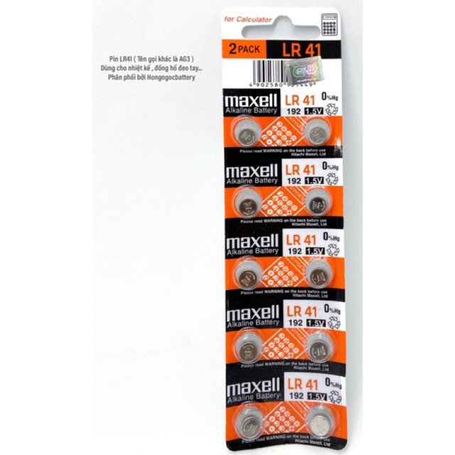 Vỉ 10 viên pin lr41 / 192 / ag3 1,5v maxell chính hãng