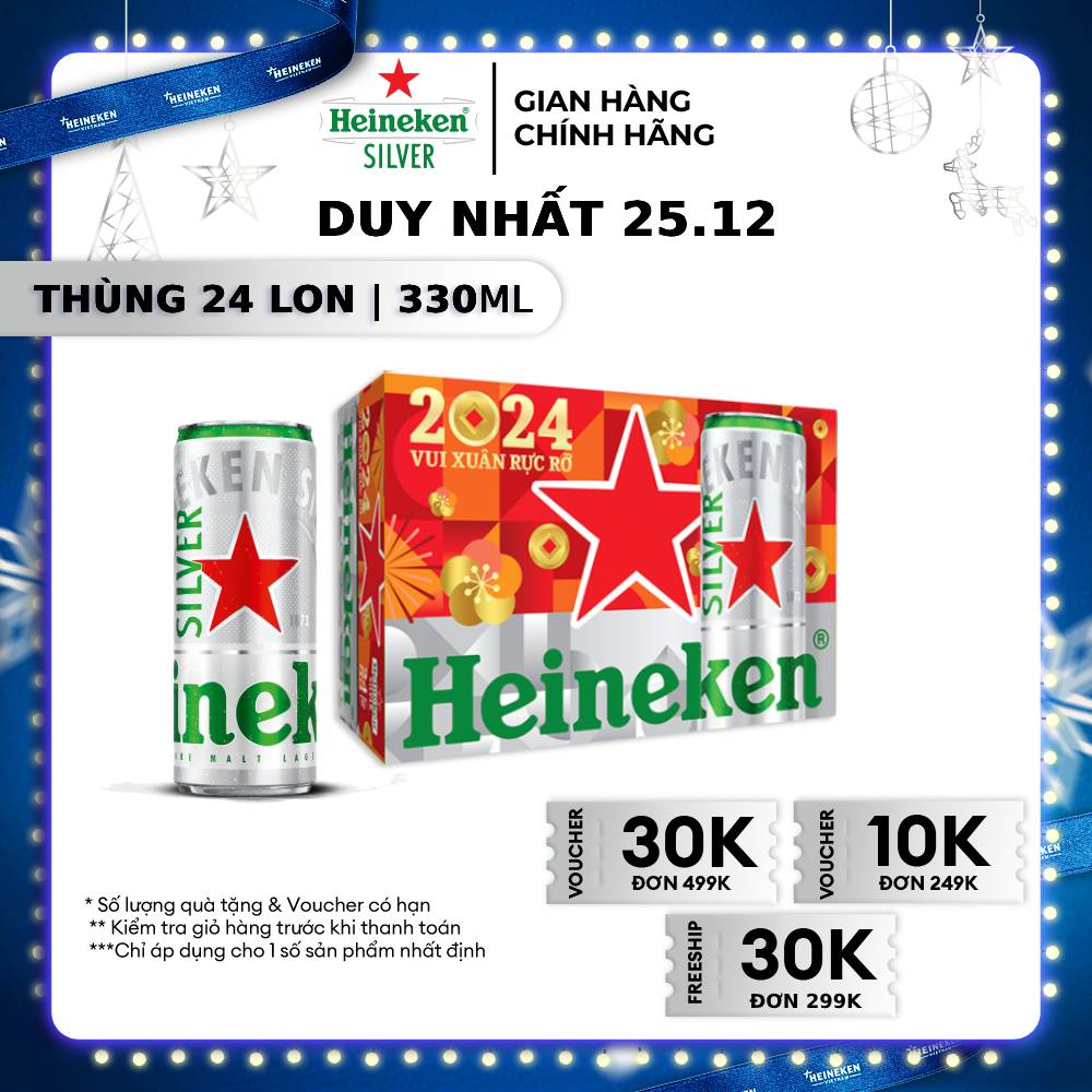 Trợ ship 30k VC 10k Thùng 24 lon bia Heineken Silver 330ml/lon Bao bì Xuân