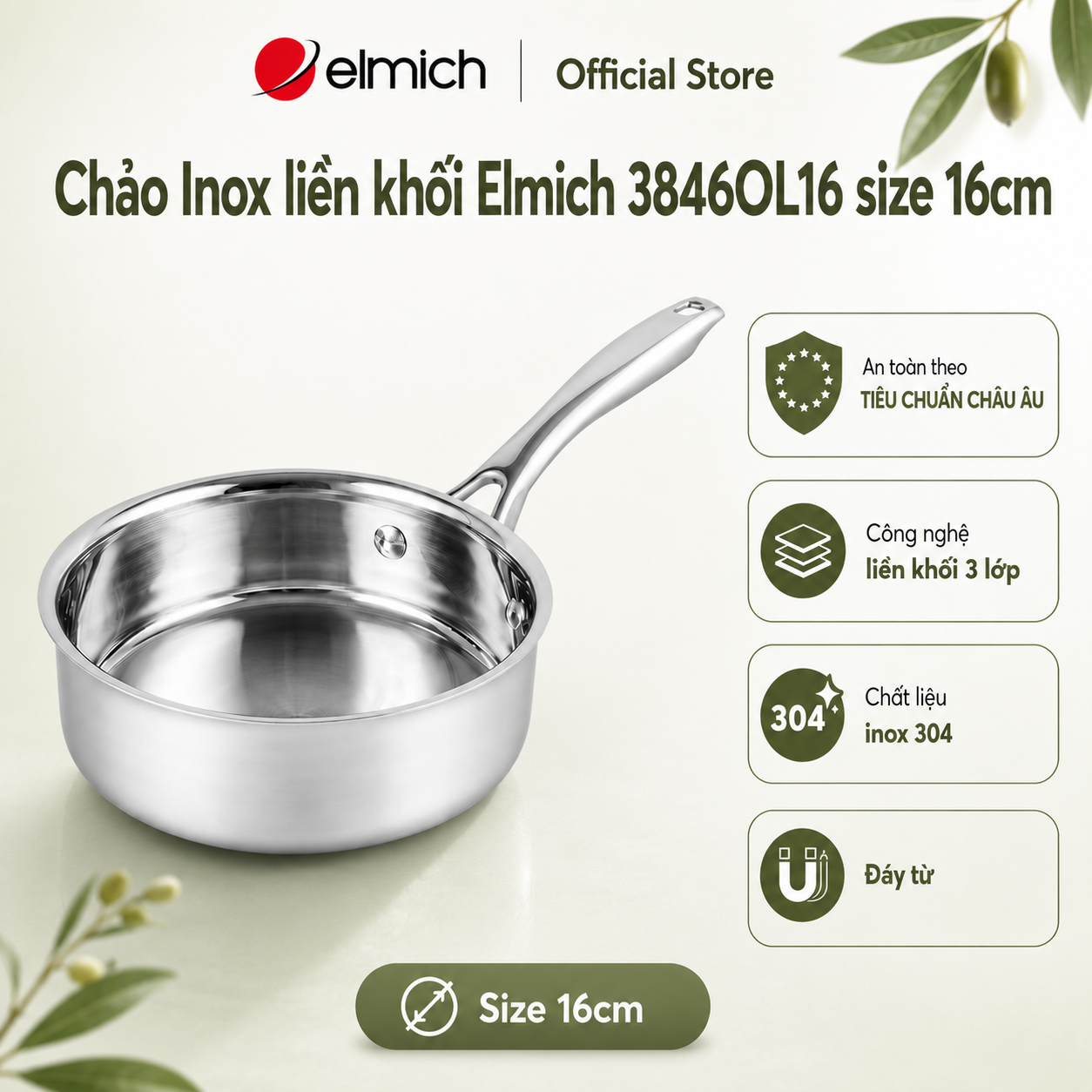 (Chỉ 25-29.07)Chảo inox 3 lớp nguyên khối Elmich Trimax EL 3846OL size 16cm