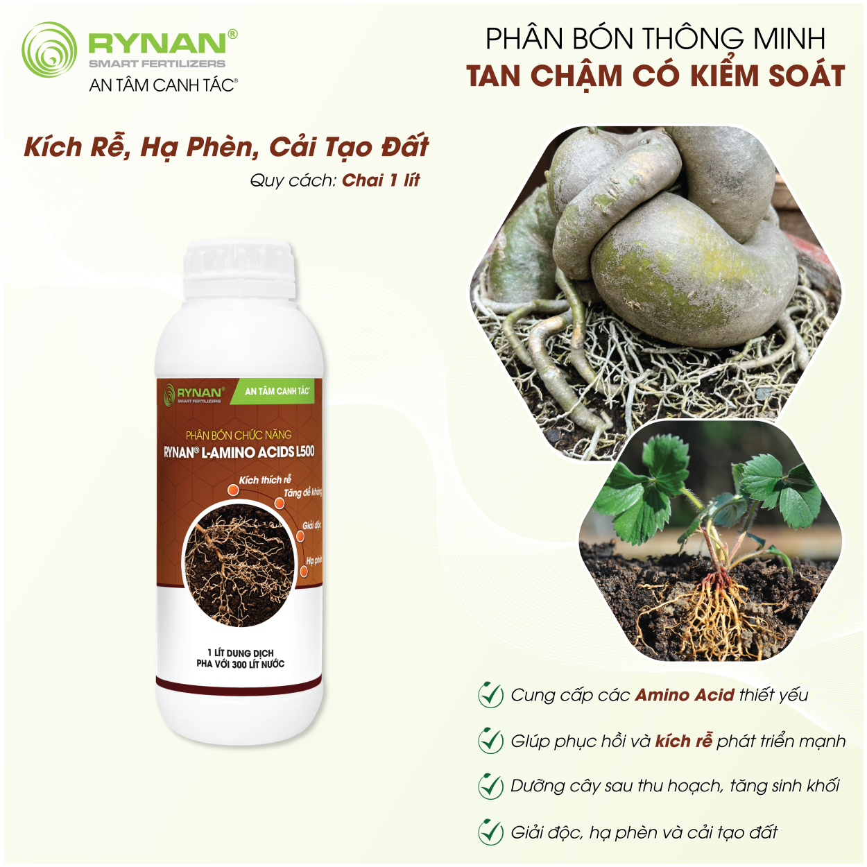 Phân bón kích rễ, hạ phèn, cải tạo đất rynan® l-amino acids l500 - dùng cho đa dạng các loại cây trồng