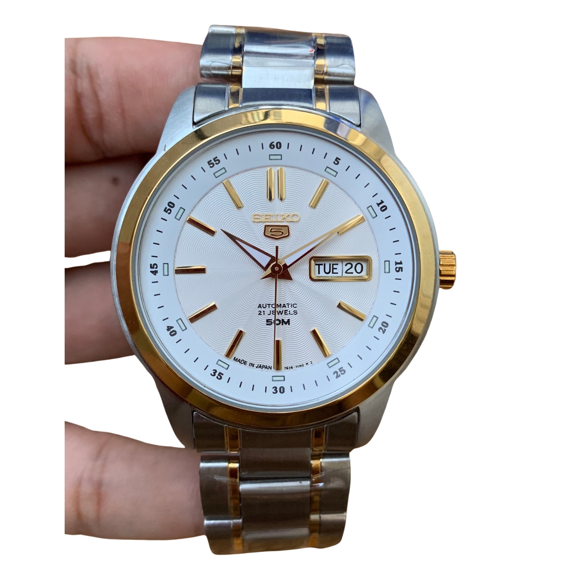Đồng hồ Seiko 5 Automatic SNKM92K1 (trắng viền vàng), bảo hành 1 năm | Tran's Watch