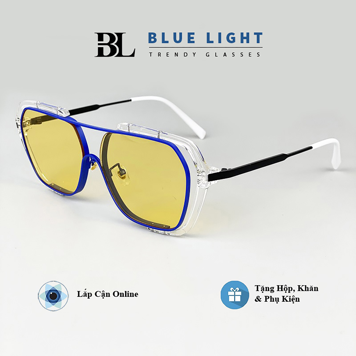 Kính Râm Kính Mát Nam Nữ Mắt Vuông To Mắt Vàng Đen Trắng Thiết Kế Độc Đáo Cá Tính- BLUE LIGHT