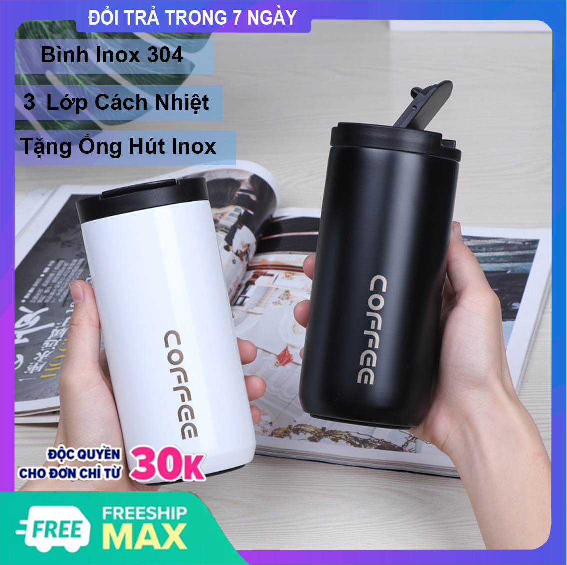 Bình giữ nhiệt coffee thép không gỉ 304 ly giữ nhiệt cafe 400ml/500ml tặng ống hút inox bình đựng nước giữ nhiệt inox304