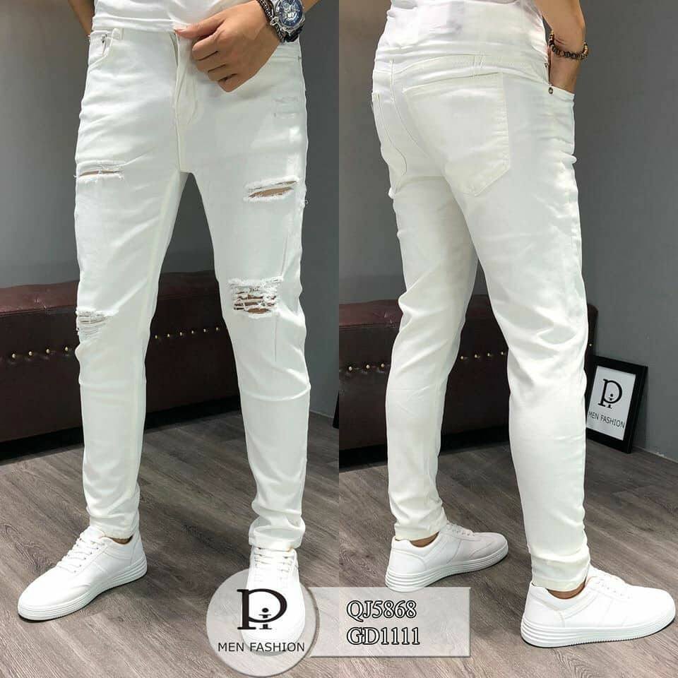 Quần jean nam trắng rách 100 _ ap shop