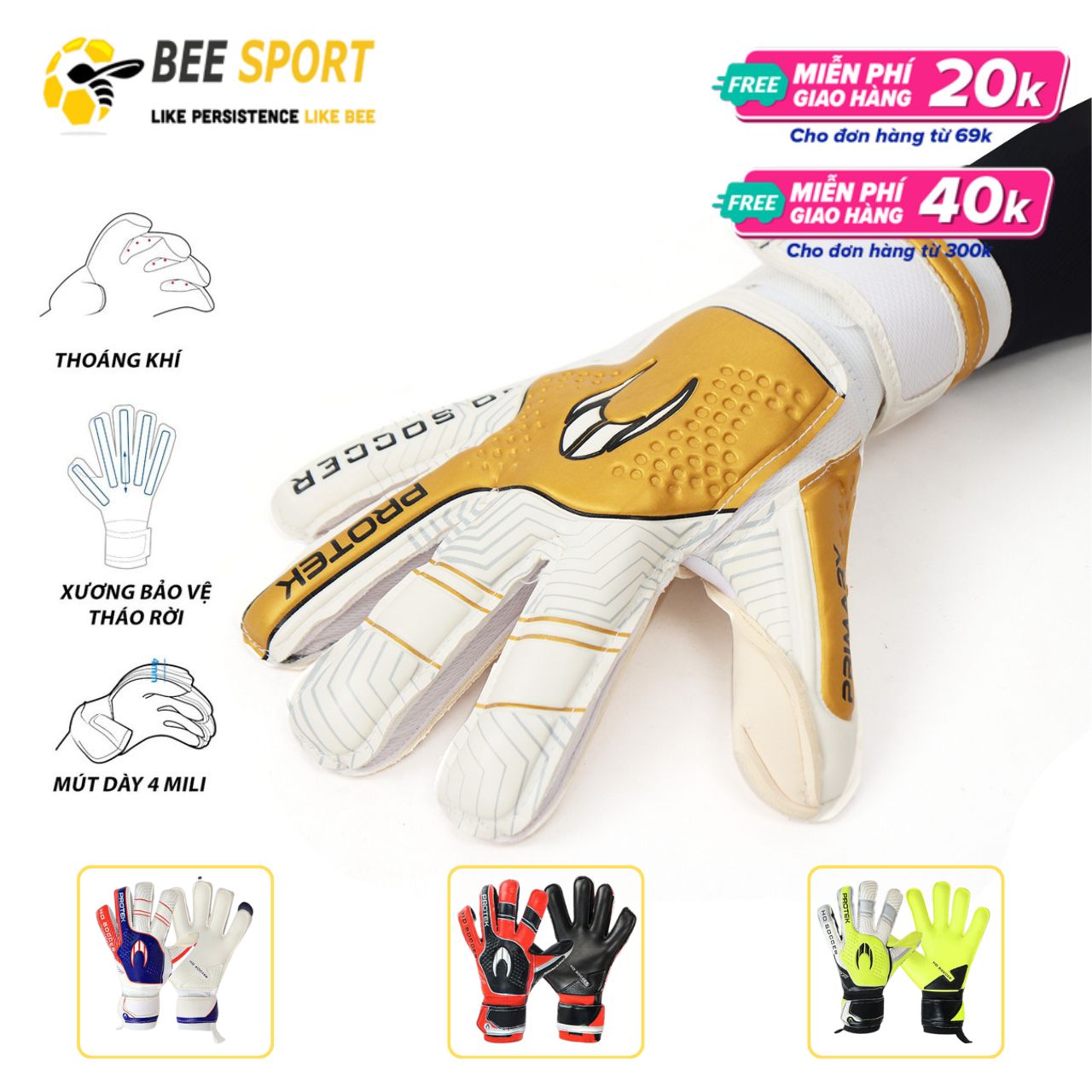 Găng Tay Thủ Môn HOsoccer Primary Protek Flat Siêu Dính Thoáng Khí Mút Latex 4mm Có Xương Bảo Vệ Flat Cut