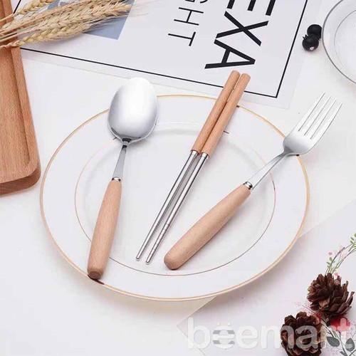 Bộ thìa dĩa đũa lúa mạch cán gỗ kèm hộp đựng