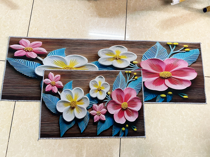 Set 2 tấm thảm chùi chân nhà bếp in 3d - Thảm lau chân loại dày thấm hút tốt, mặt đáy chống trơn trượt hoạ tiết bông hoa