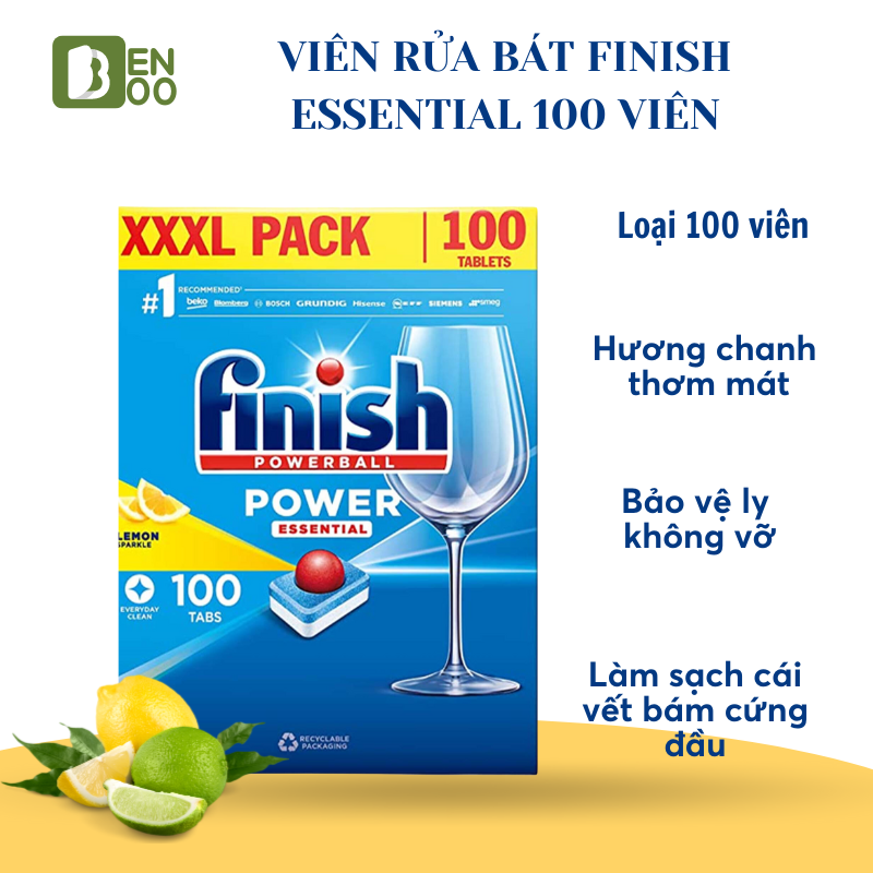 Viên Rửa Chén Bát Hương Chanh Finish Powerball Power Essential Lemon Sparkle Hàng Chính Hãng - Hộp 100 viên tiết kiệm