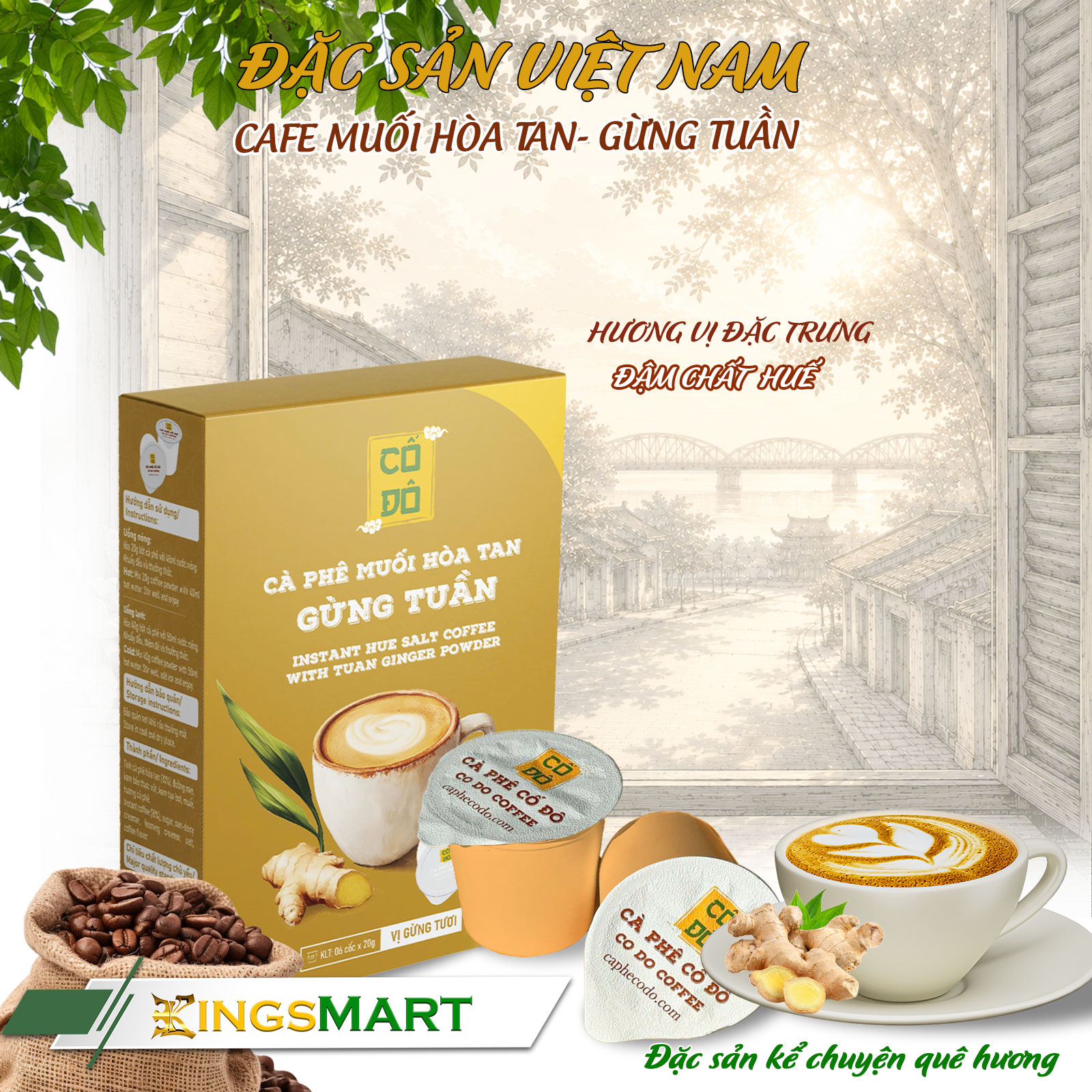 Cà phê muối Huế hòa tan gừng tuần - Thương hiệu CỐ ĐÔ - Đặc sản Huế - Hộp 6 cốc - Kingsmart