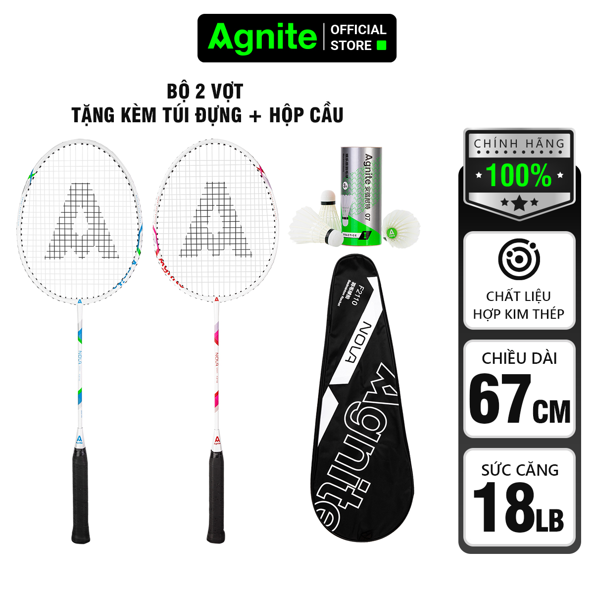 Đôi Vợt cầu lông Khung Thép cao cấp Agnite cho người chơi thể thao chuyên nghiệp [Tặng kèm 3 quả cầu] - F2110