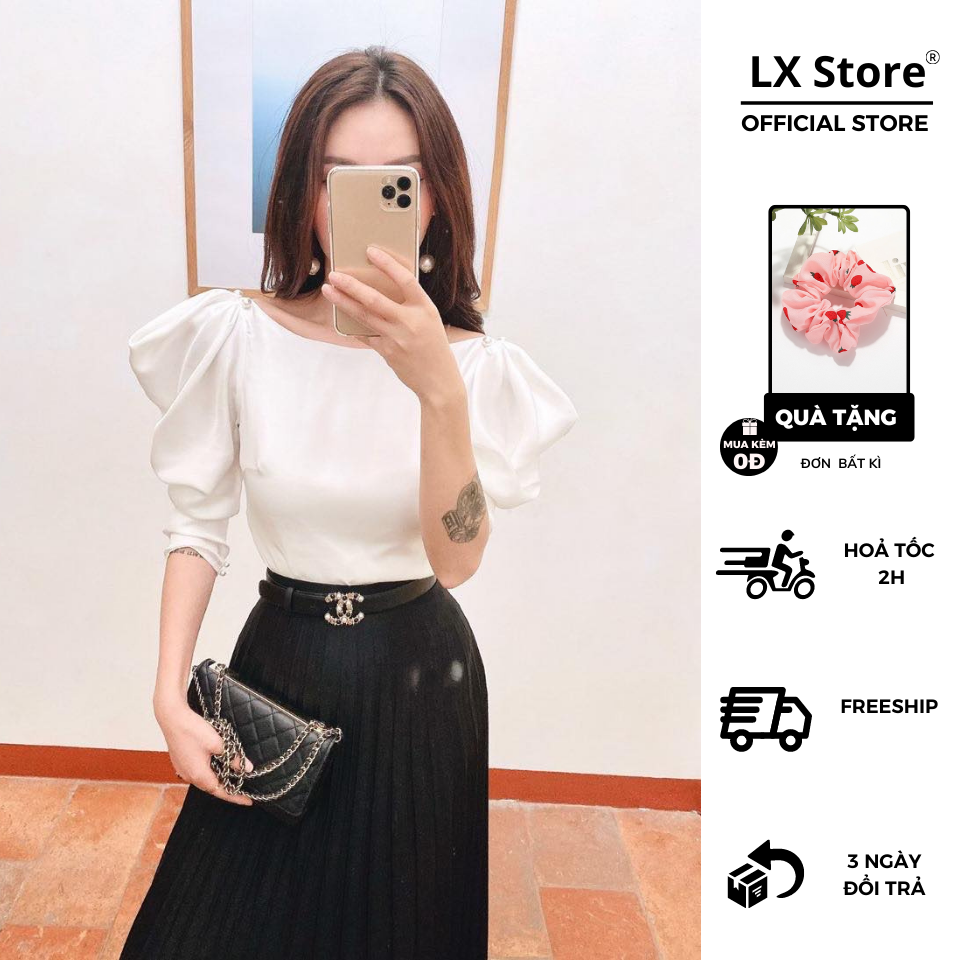 Áo lụa tay phồng vai đính châu