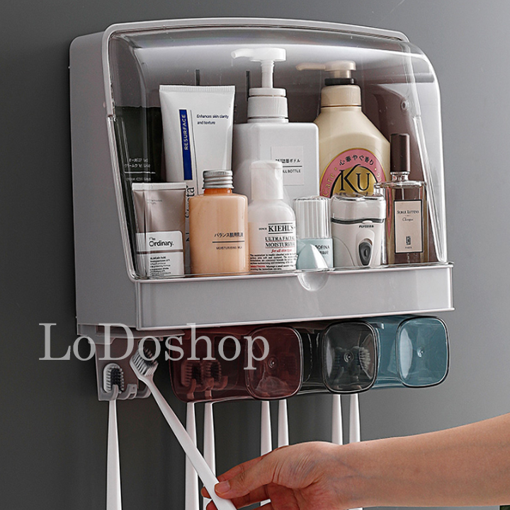 Bộ kệ nhà tắm 4 cốc đa năng có nắp đậy 8001 - Kệ nhà vệ sinh để kem đánh răng dầu gội đầu - Kệ dán tường siêu dính - Kệ để đồ dùng nhà tắm - Khay để đồ - Bộ treo bàn chải - Kệ để mỹ phẩm sữa tắm có móc máng bông