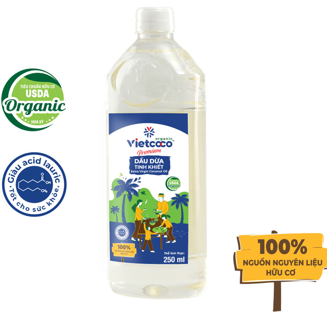Dầu dừa nguyên chất Ép Lạnh Organic Vietcoco - Chai Pet 250ml
