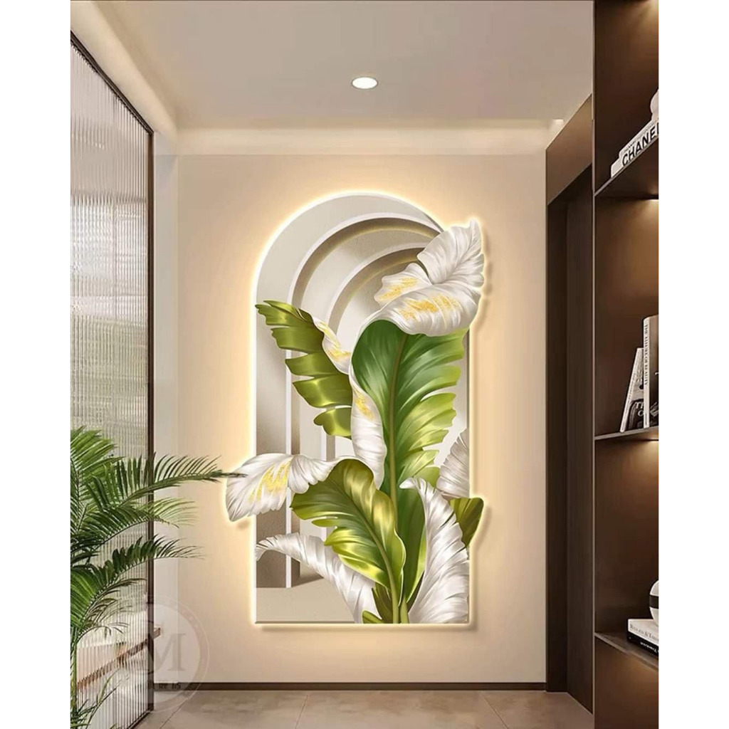 Tranh treo tường đèn led tráng gương uv cao cấp lá tropical kèm đinh treo