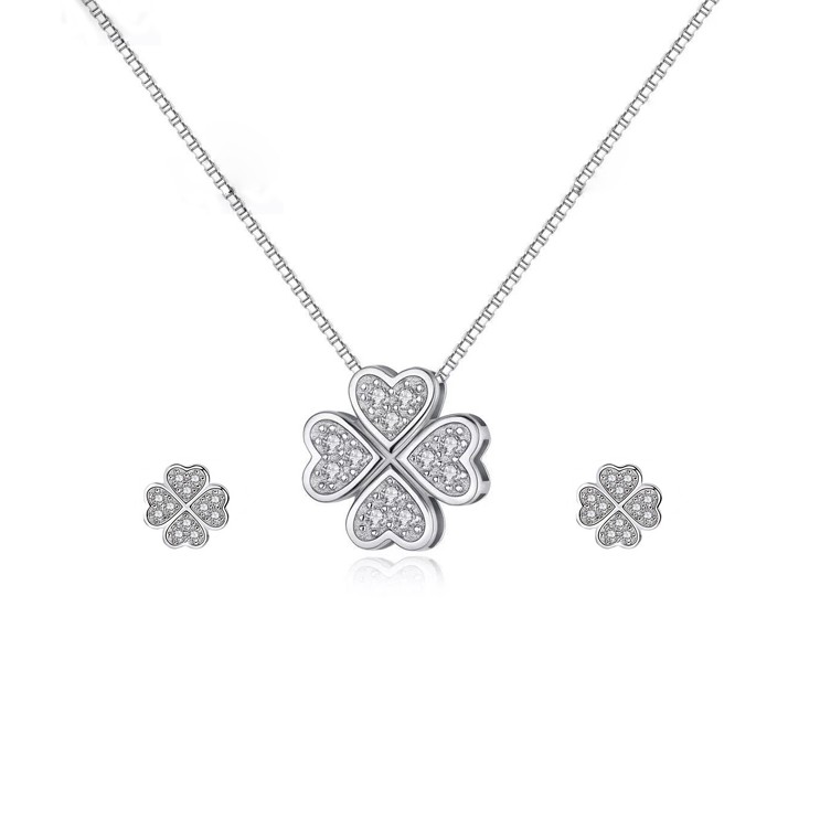 Combo dây chuyền và khuyên tai bạc Ý 925 Huệ Ngân - Cỏ bốn lá may mắn PP1504-RYE140726