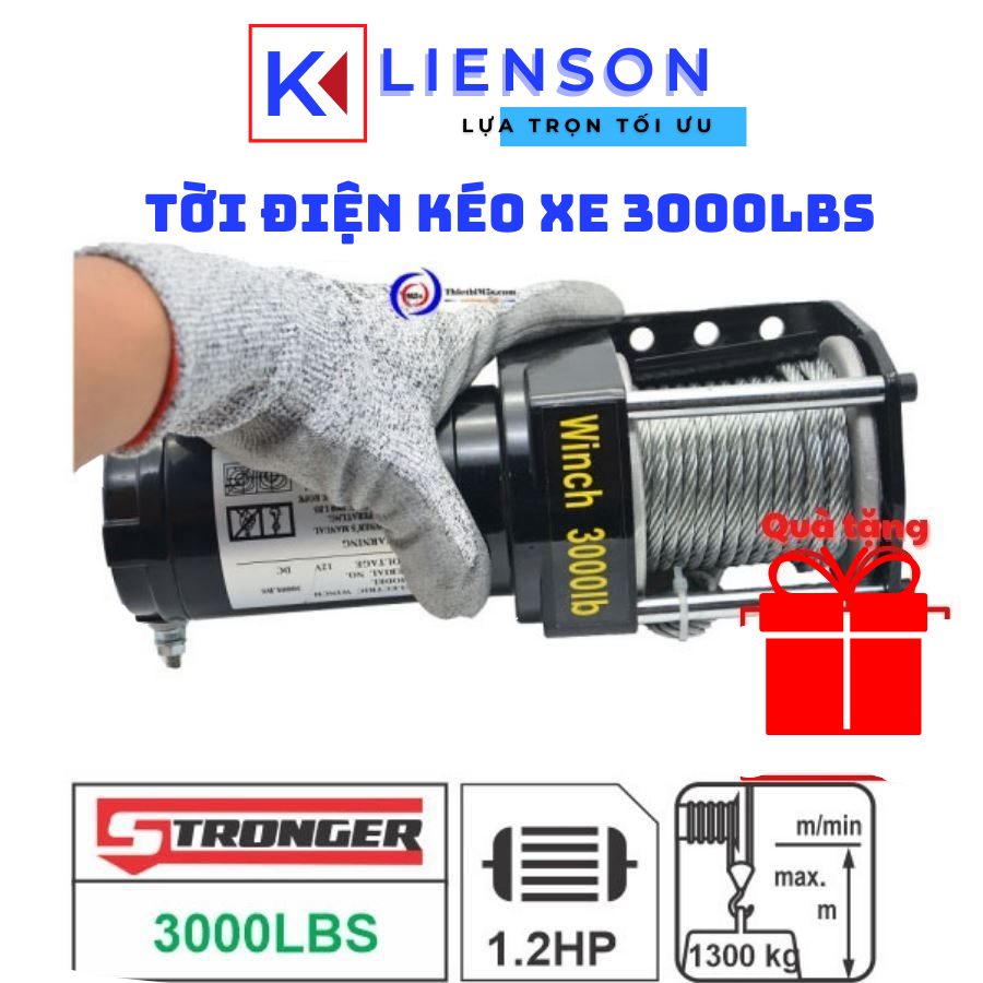 Tời điện kéo xe Stronger, lực kéo 3000lbs tải trọng kéo 1363kg, cáp 4.8ly dài 9m, phanh cơ khí, động cơ 12V DC