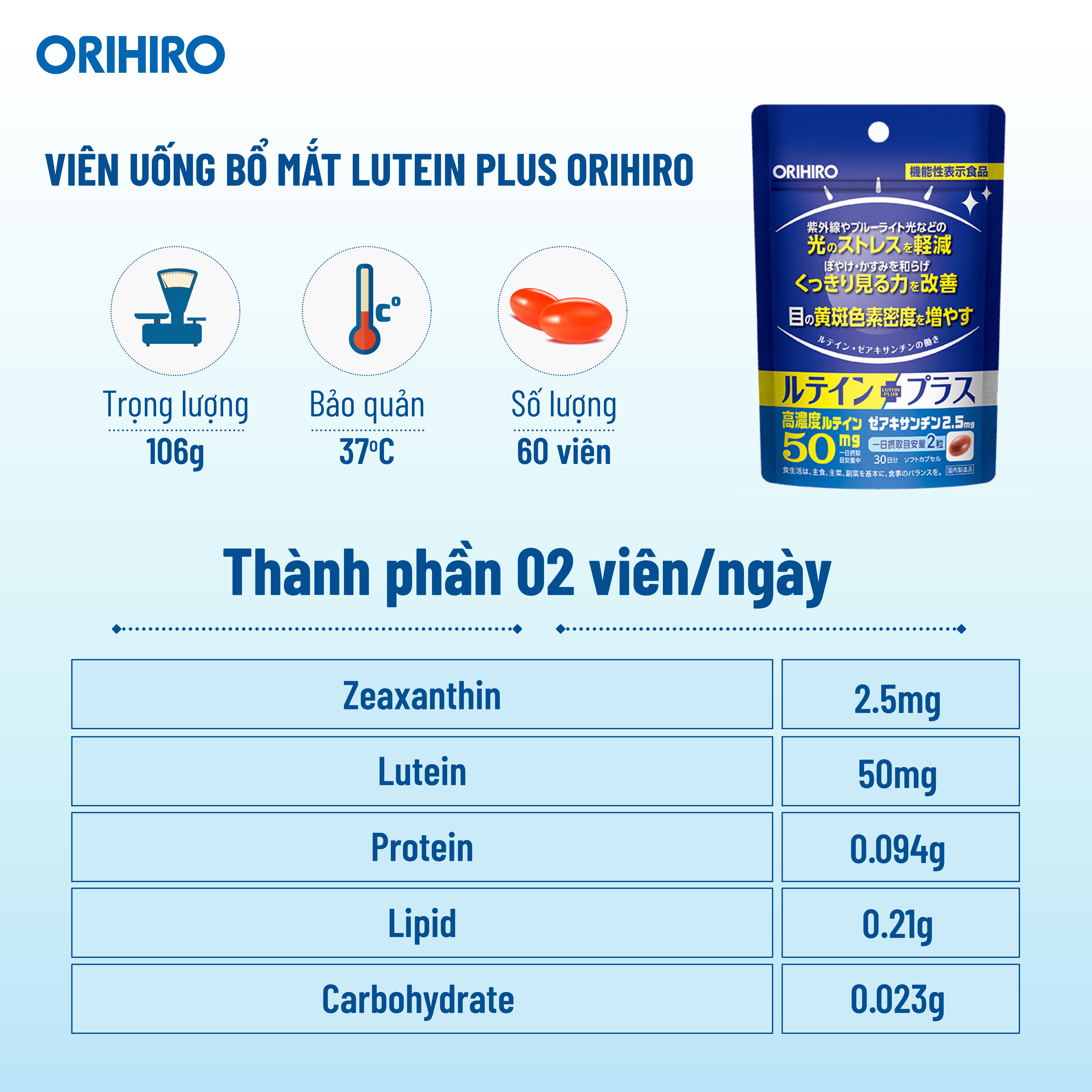 Viên Uống Lutein Plus Orihiro 60 Viên Giúp Cải Thiện Thị Lực, Giảm Tác Hại Của Ánh Sáng Xanh