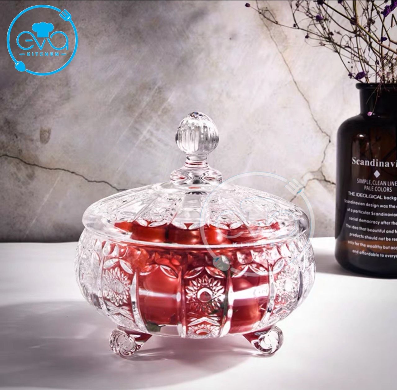 Thố Mứt Thuỷ Tinh Pha Lê 3 Chân Hoạ Tiết Hoa Nổi Nhỏ Phong Cách Royal Sang Trọng / Thố Mứt Tết Nhỏ Deli Tiệp T15 M3171
