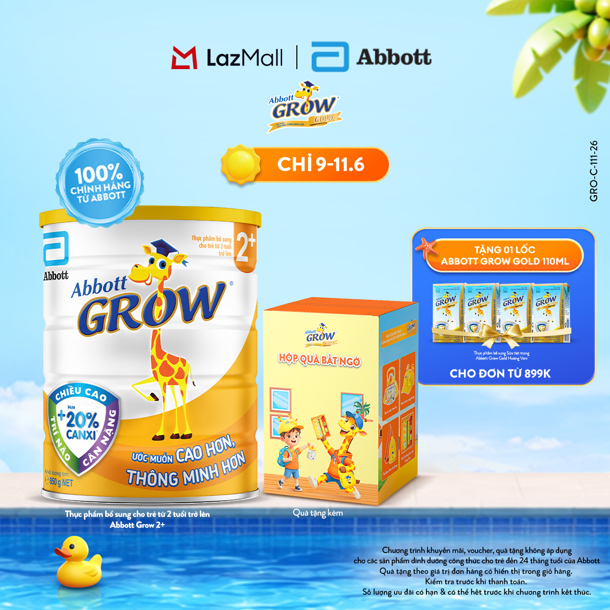 [CHỈ 09-11.06 QUÀ TẶNG CHO ĐH 899K-SLCH] Lon sữa bột Abbott Grow 2+ 800g tặng 1 Hộp quà bất ngờ