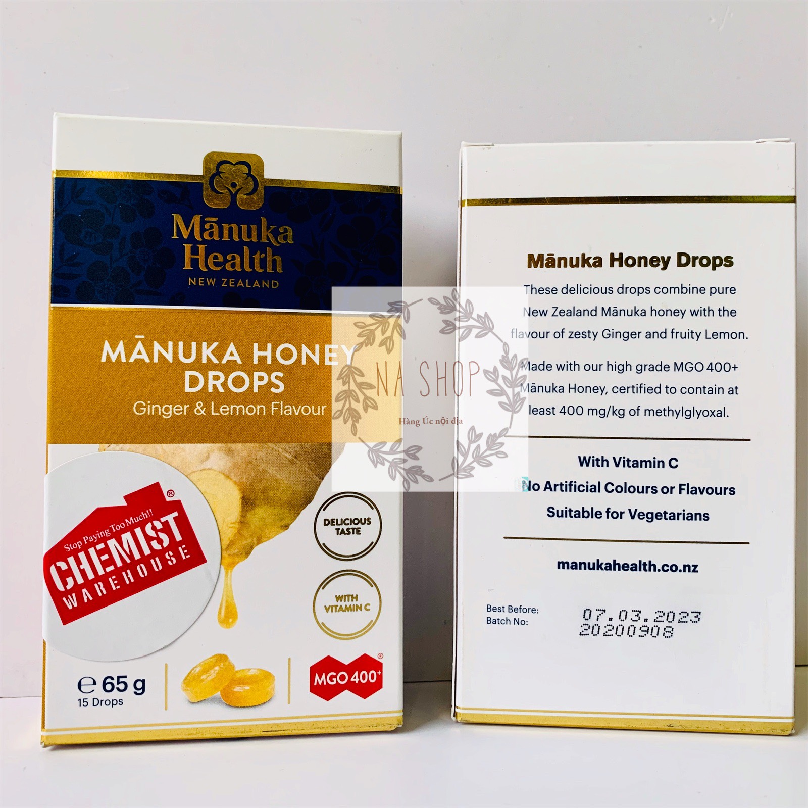 Date 2025 kẹo ngậm mật ong manuka mgo 400+ vị chanh gừng hộp 15 viên