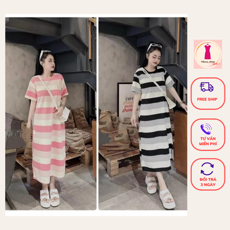 Váy suông cổ kẻ sọc ngang hai màu xinh xỉu nha