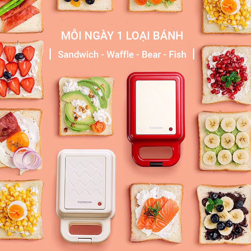 Máy nướng bánh kẹp sandwich waffle Torsom tiện lợi kèm khuôn bánh cá khuôn mèo, máy làm bánh sandwich, bánh mì gối nhanh