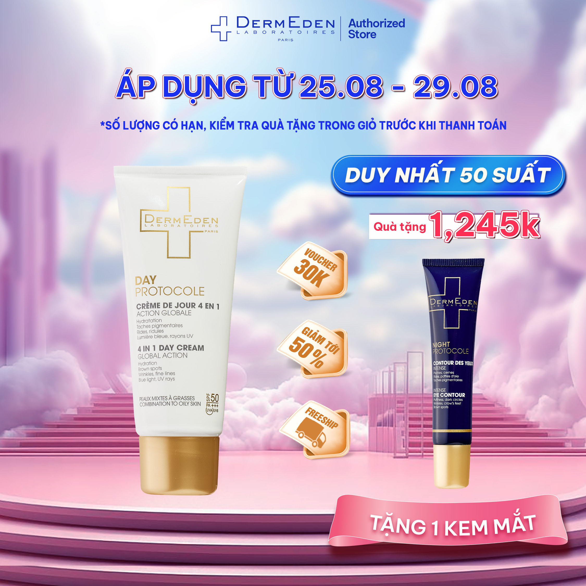 Kem chống nắng DermEden SPF 50PA +++ kết hợp dưỡng da cho da dầu  chống lão hoá, giảm nám tàn nhang và nếp nhăn Anti-Aging Combination to Oily Skin 50ml