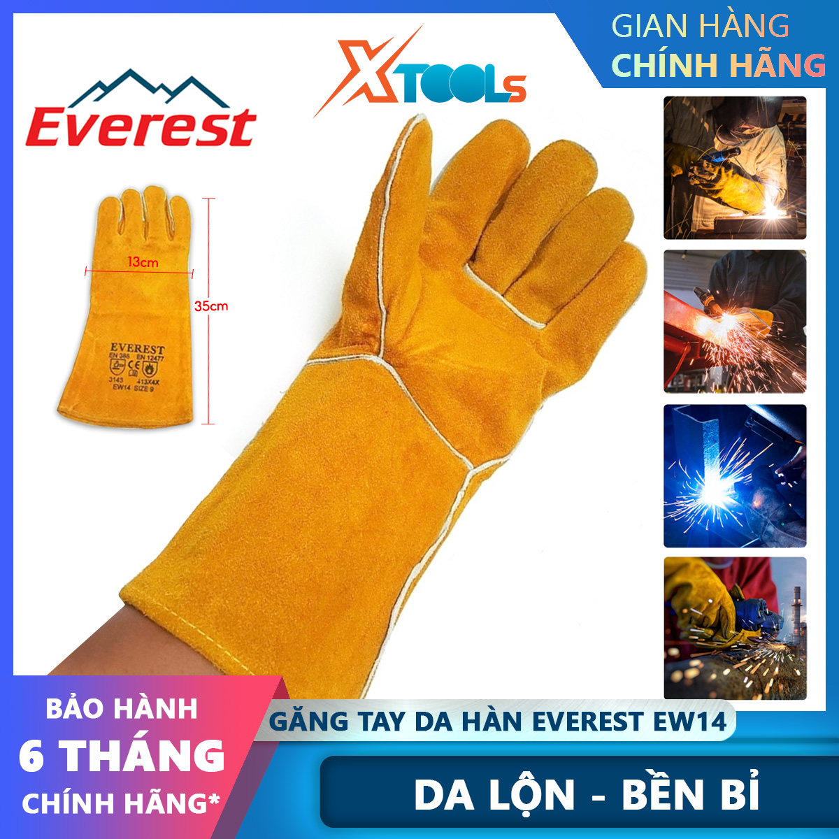 Găng tay hàn Everest EW14 Bao tay hàn da bò, chống cháy, chịu nhiệt, tia lửa văng bắn, lớp lót cotton chống hầm bí, găng tay bảo hộ
