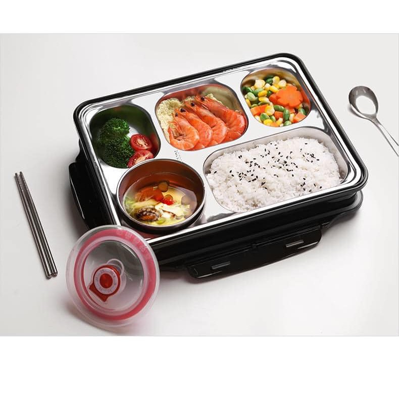 Khay cơm 5 ngăn inox 304 giữ nhiệt Vân Khánh Shop, nắp đậy có khe đựng điện thoại, tặng kèm thìa và đũa inox