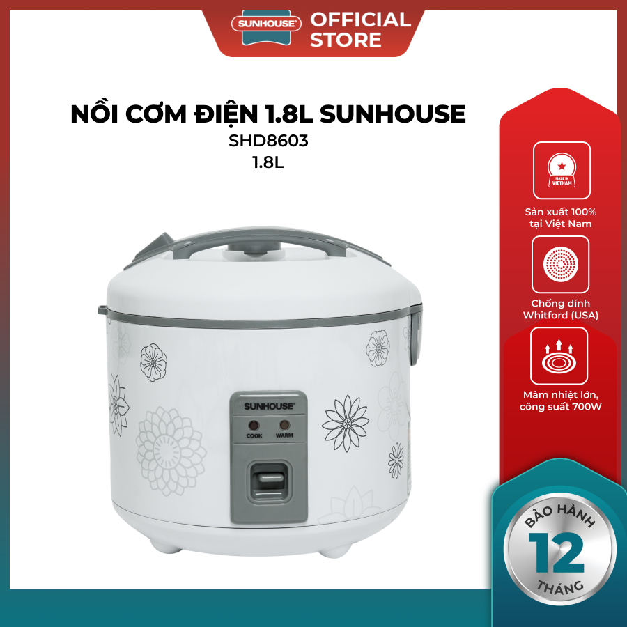 Nồi Cơm Điện 1,8L Chính Hãng Sunhouse SHD8603; Lòng nồi chống dính cao cấp Whitford (USA)