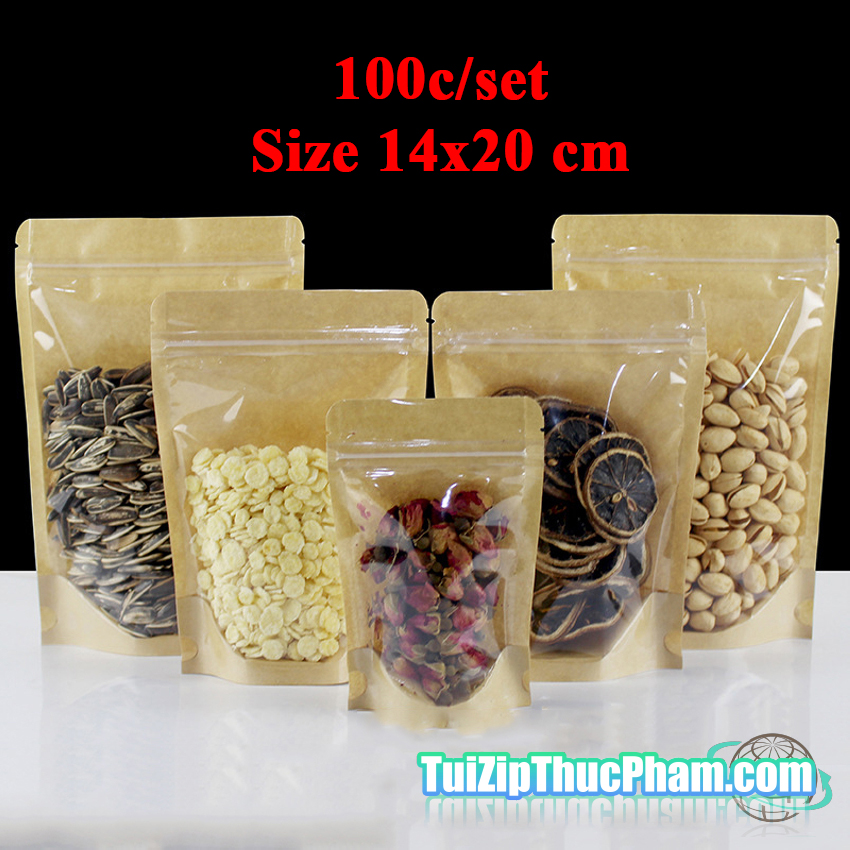100 cái túi zip MIS size 14x20cm Túi giấy kraft một mặt kính trong suốt, túi giấy đựng thực phẩm có zipper chất lượng cao